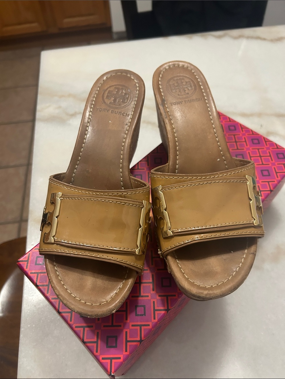 Tory Burch Patent Leather Tan Slide Mules with Gold Hardware